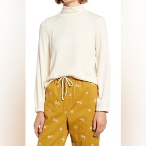 Madewell Antique Cream Mock Neck Bubble Sleeve Ribbed Knit Top Women Size L